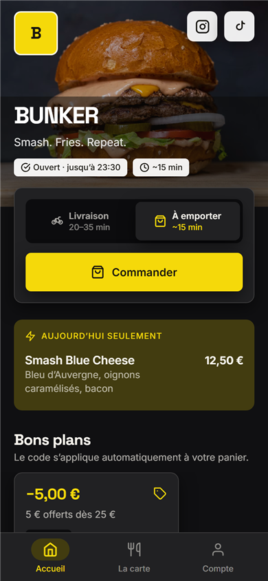 Accueil de l’application BUNKER Smash