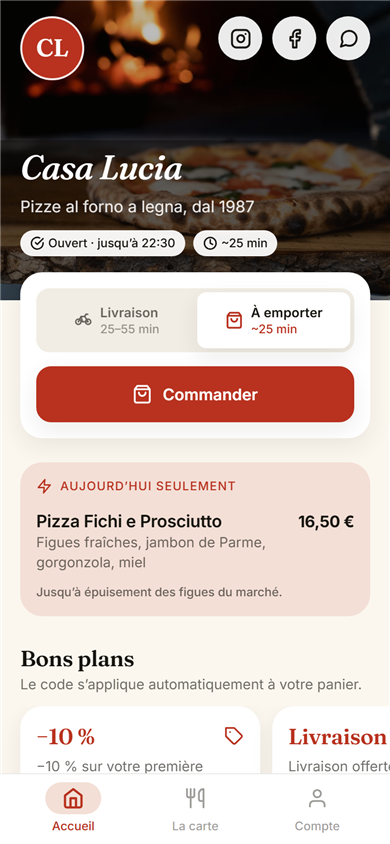 Accueil de l’application Casa Lucia : ouvert, retrait ou livraison, plats populaires