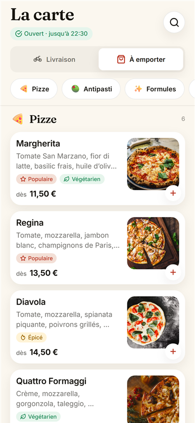 La carte — Vos sections, vos photos, vos prix. Un plat indisponible se grise tout seul.