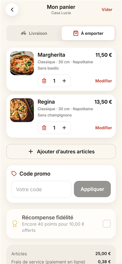 Le panier — Code promo, points de fidélité, frais de livraison et délai annoncés avant de payer.