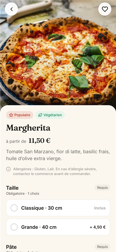 Le plat — Taille, suppléments, ingrédients à retirer, le prix qui se met à jour en direct.