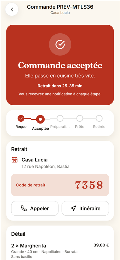 Le suivi — Envoyée, acceptée, en préparation, prête, en route : le client sait où en est sa commande.