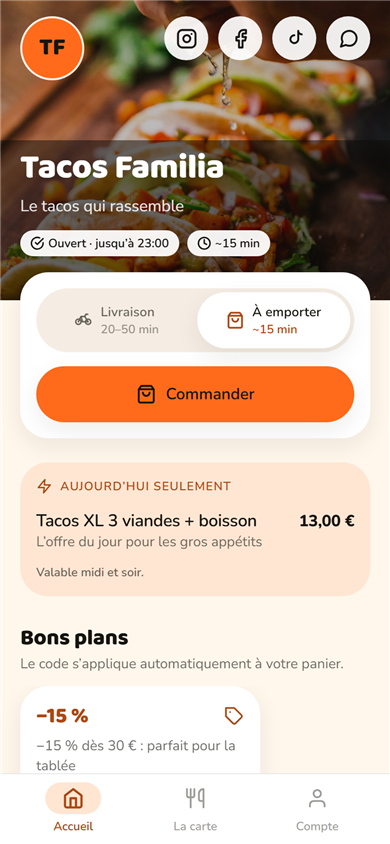 Accueil de l’application Tacos Familia