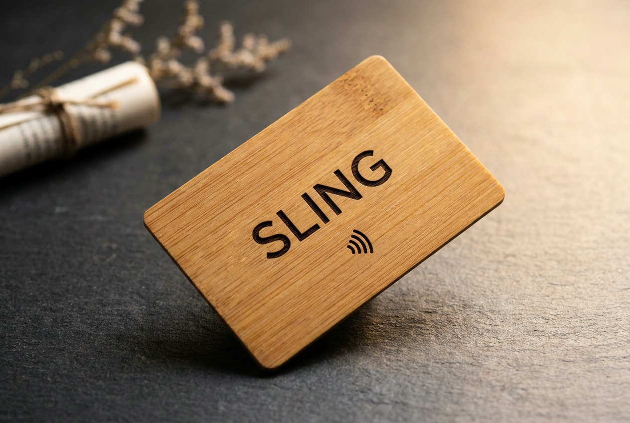 SLING Card Signature — bambou massif gravé laser, posée sur table