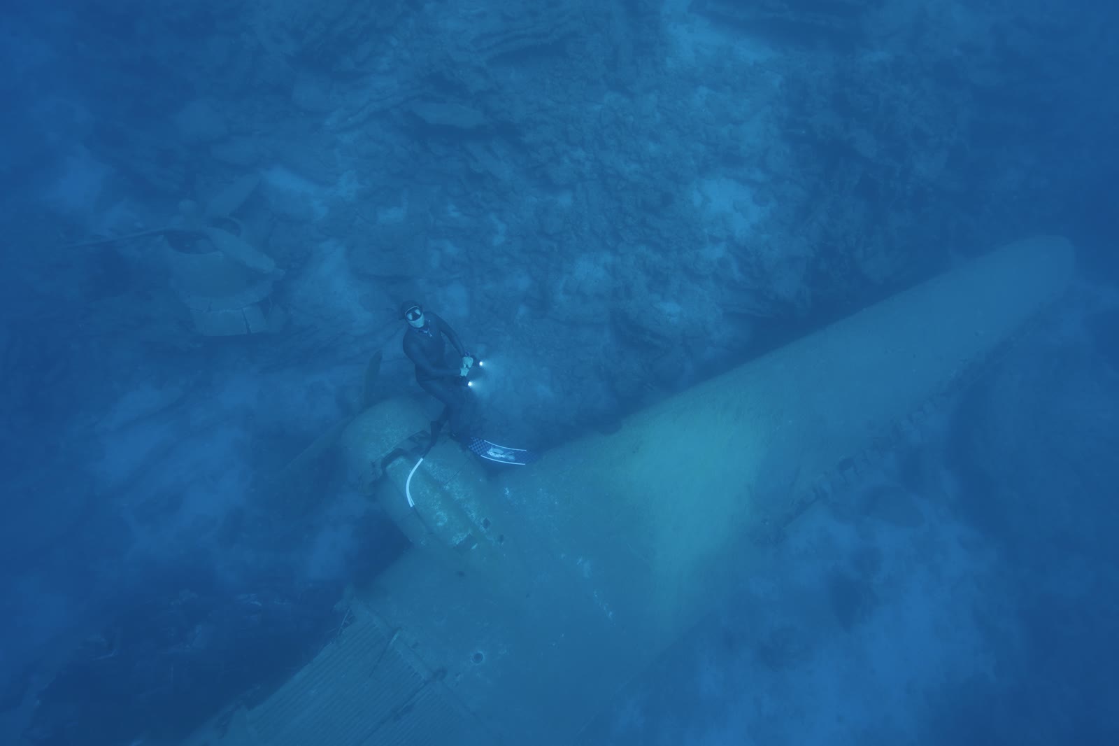 Apnéiste en descente vers l'aile immergée